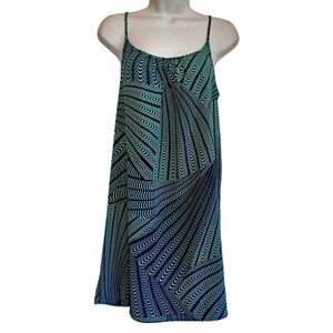 LEMON Dress Medium Teal Green Black Retro Stripe Print Mini Shift Sleeveless